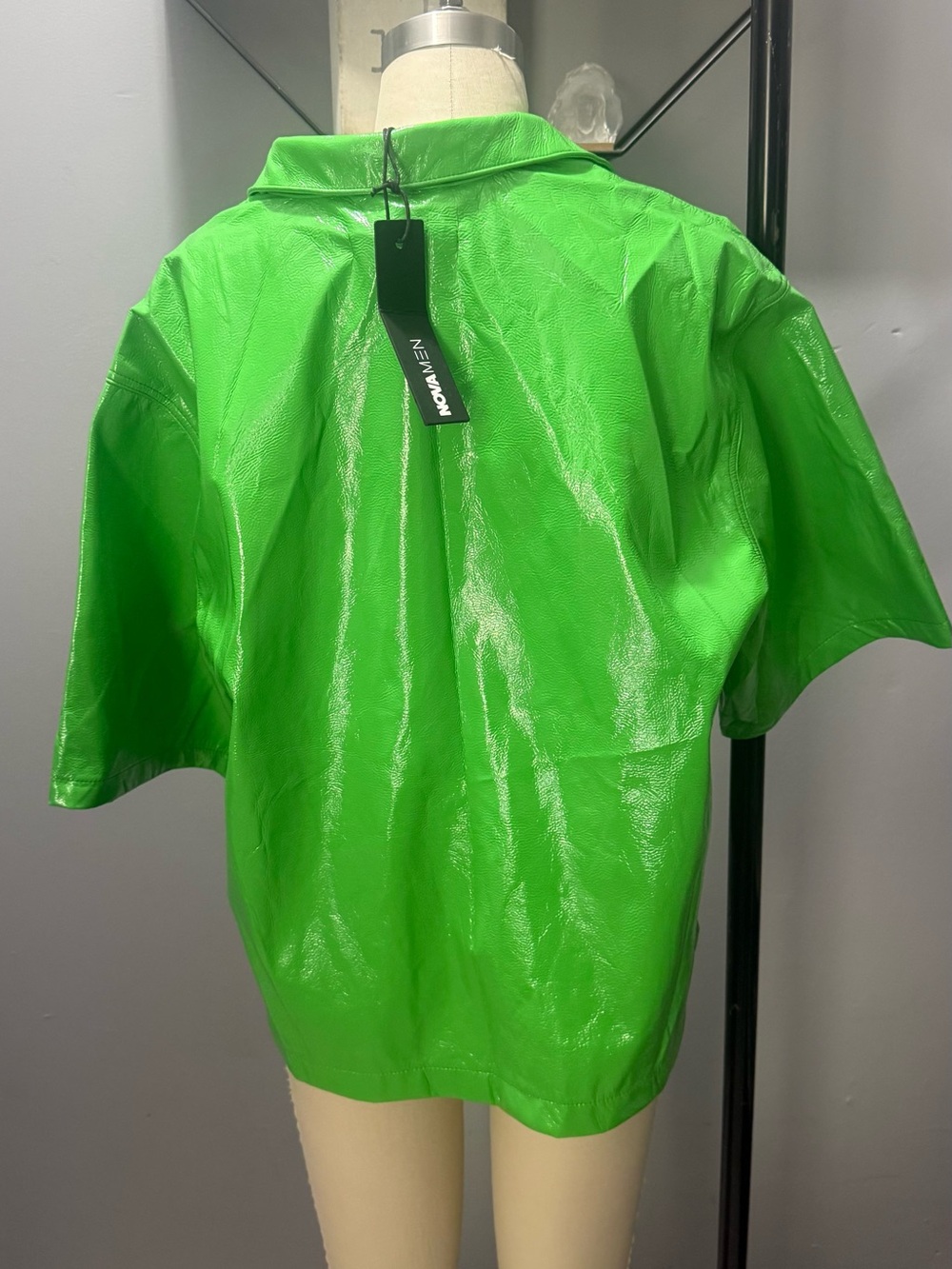 Fashion Nova Men Green Da Baddie Faux Leather Cropped Button Up Shirt - Picture 4 of 7